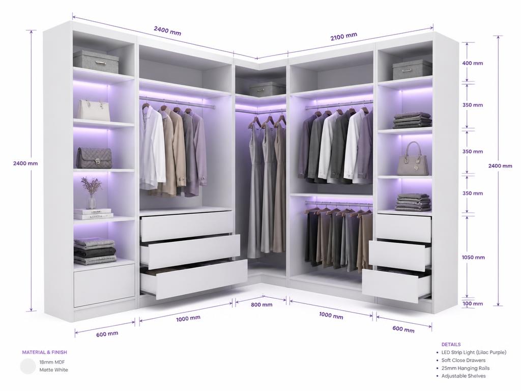 Ambiente 3D paramétrico da LUXMOVI com cotas de um guarda-roupa em L