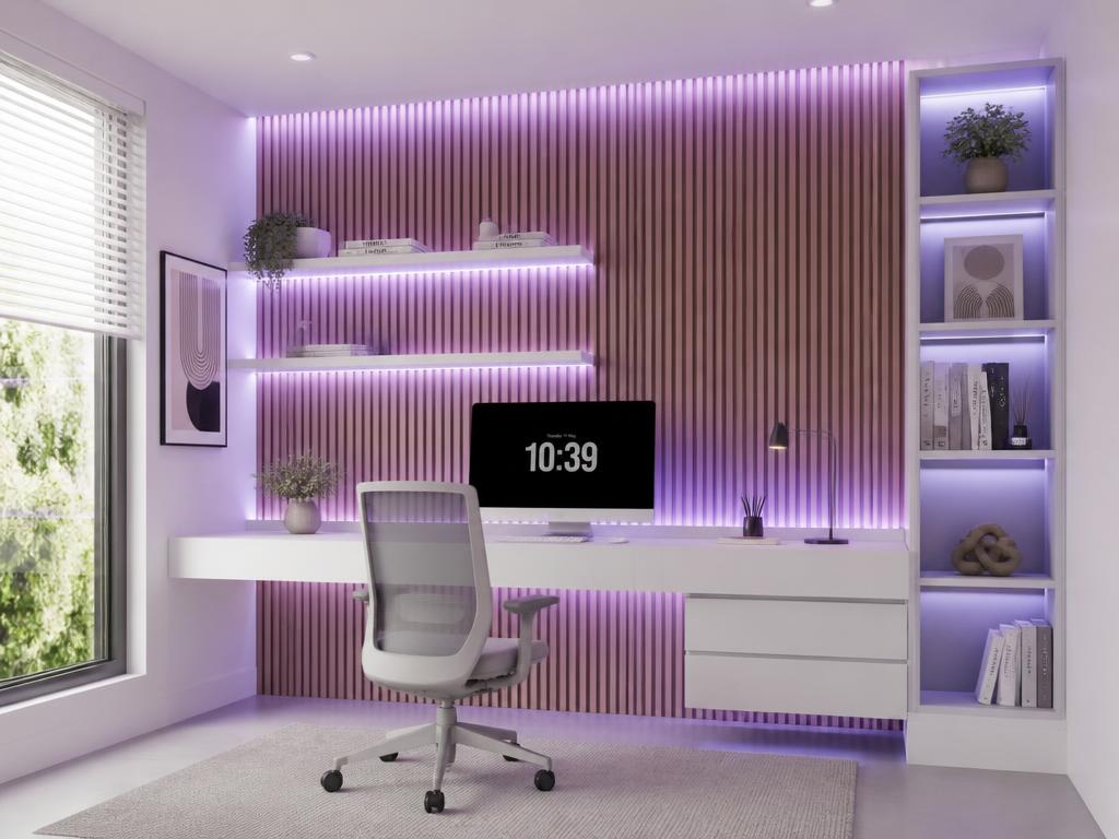 Home office com painel ripado