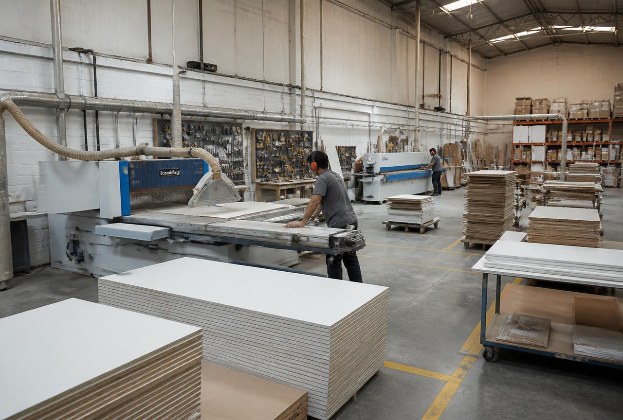 Galpão de marcenaria com seccionadora cortando chapas de MDF branco e coladeira de bordas